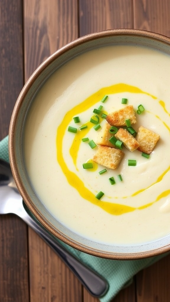 Simple 3-Ingredient Cauliflower Soup Recipe A bowl of creamy cauliflower soup garnished with chives and croutons on a wooden table.